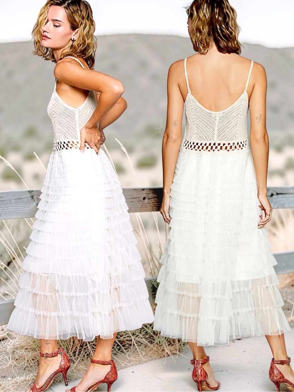 POL Crochet Lace Tiered Midi Dress | Boho Ivory Ruffle | Western Festival | O/S - Picture 9 of 14